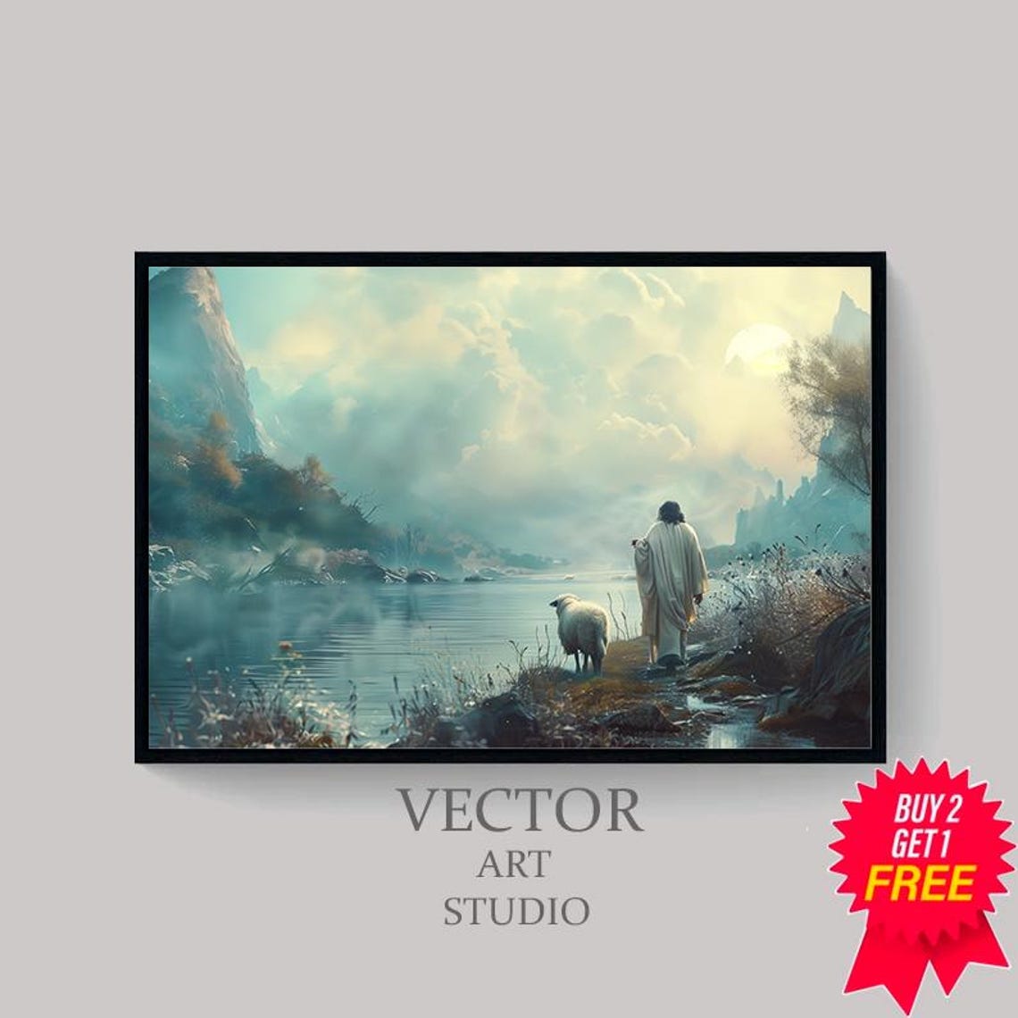 Jesus with a Sheep Standing by a Misty Teal Mountain Lake Poster - Image 4