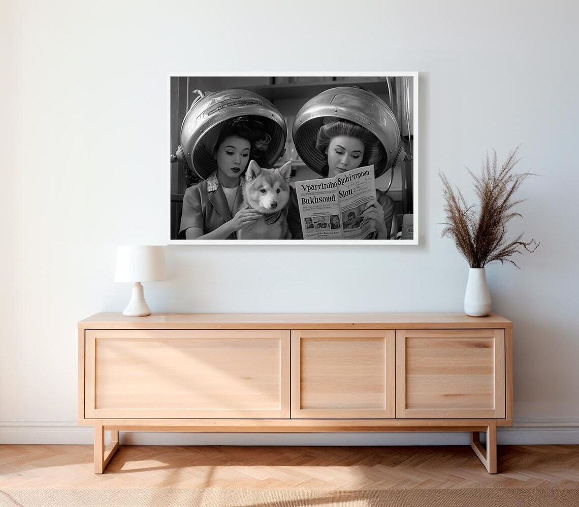Retro Hair Salon Scene With Two Women and a Dog Vintage Poster - Image 2
