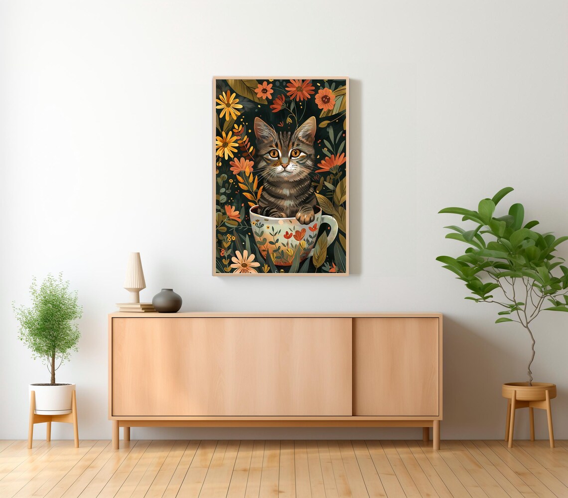 Tabby Cat Jungle Bathtub Poster, Boho Botanical Decor - Image 2