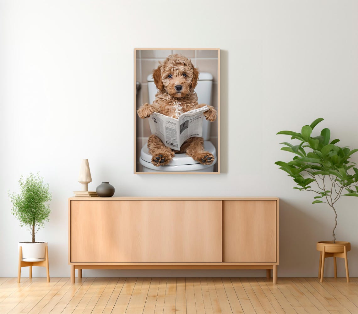 Cockapoo Puppy on Toilet Reading Newspaper Funny Bathroom Art Print - Image 2