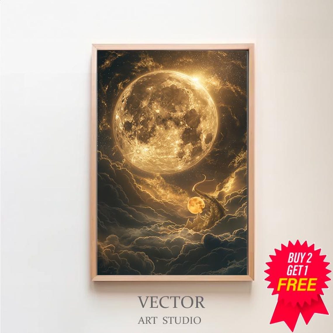Golden Full Moon Above Dark Clouds Lunar Dreamscape Art Poster