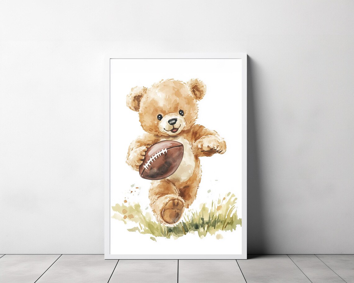 Teddy Bear Running with Football Watercolor Nursery Sports Poster - Image 3