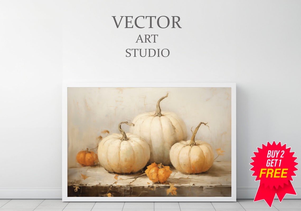 White Pumpkins on a Rustic Table Warm Neutral Fall Still Life Poster - Image 3