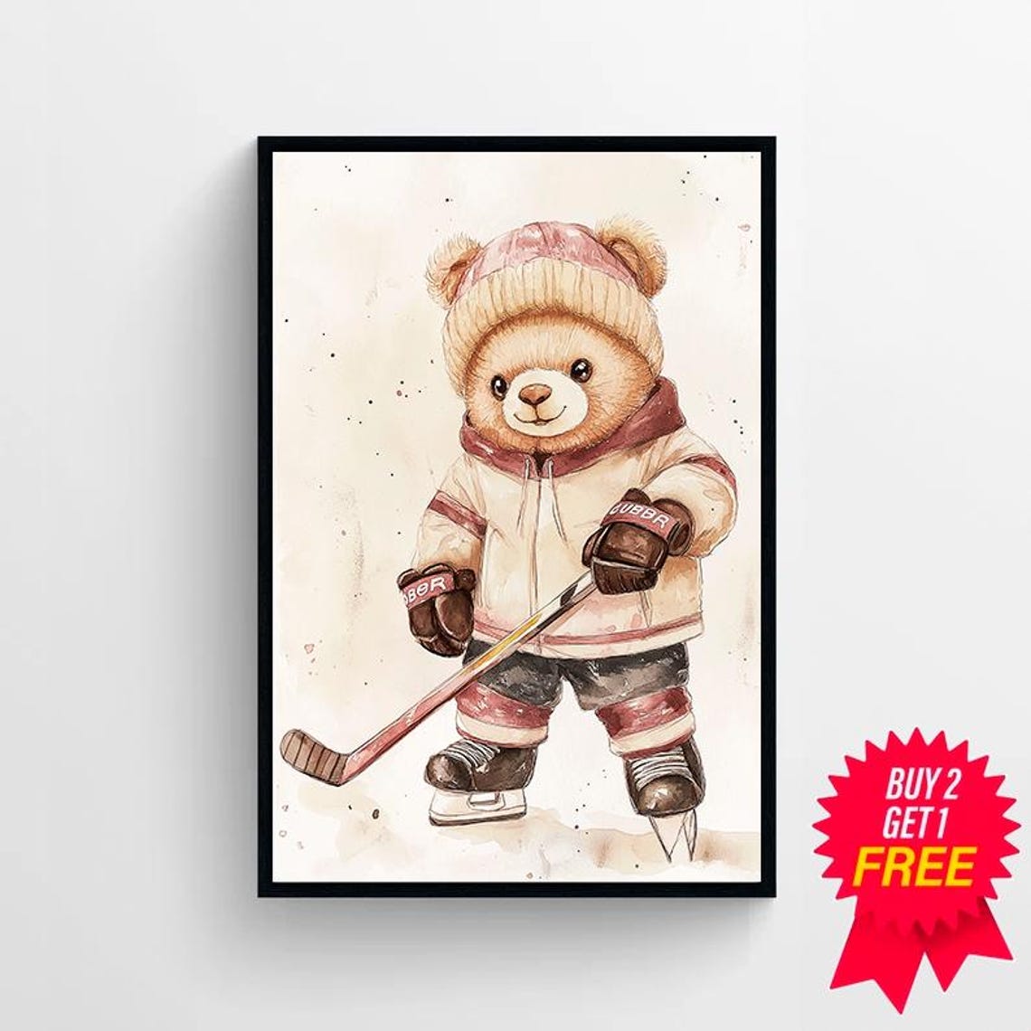 Cute Teddy Bear Hockey Player Watercolor Nursery Sports Poster - Image 4