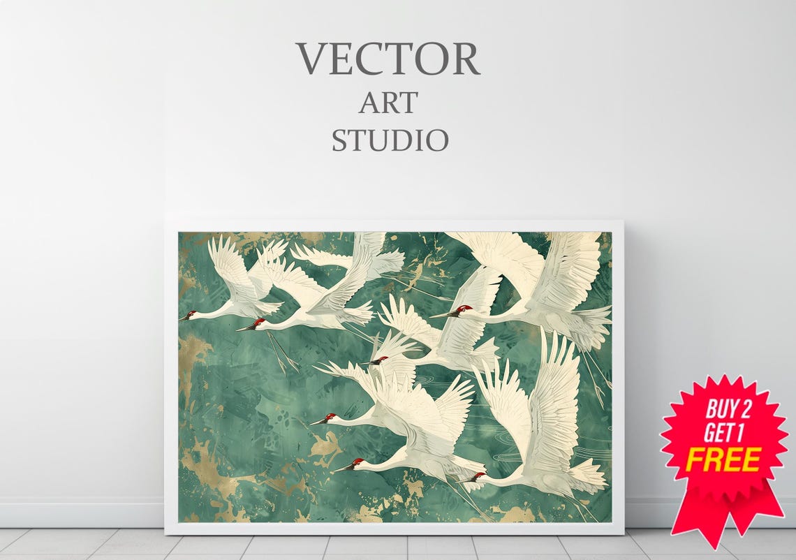 Elegant White Cranes Soaring Over a Jade Green Chinoiserie Wall Poster - Image 3