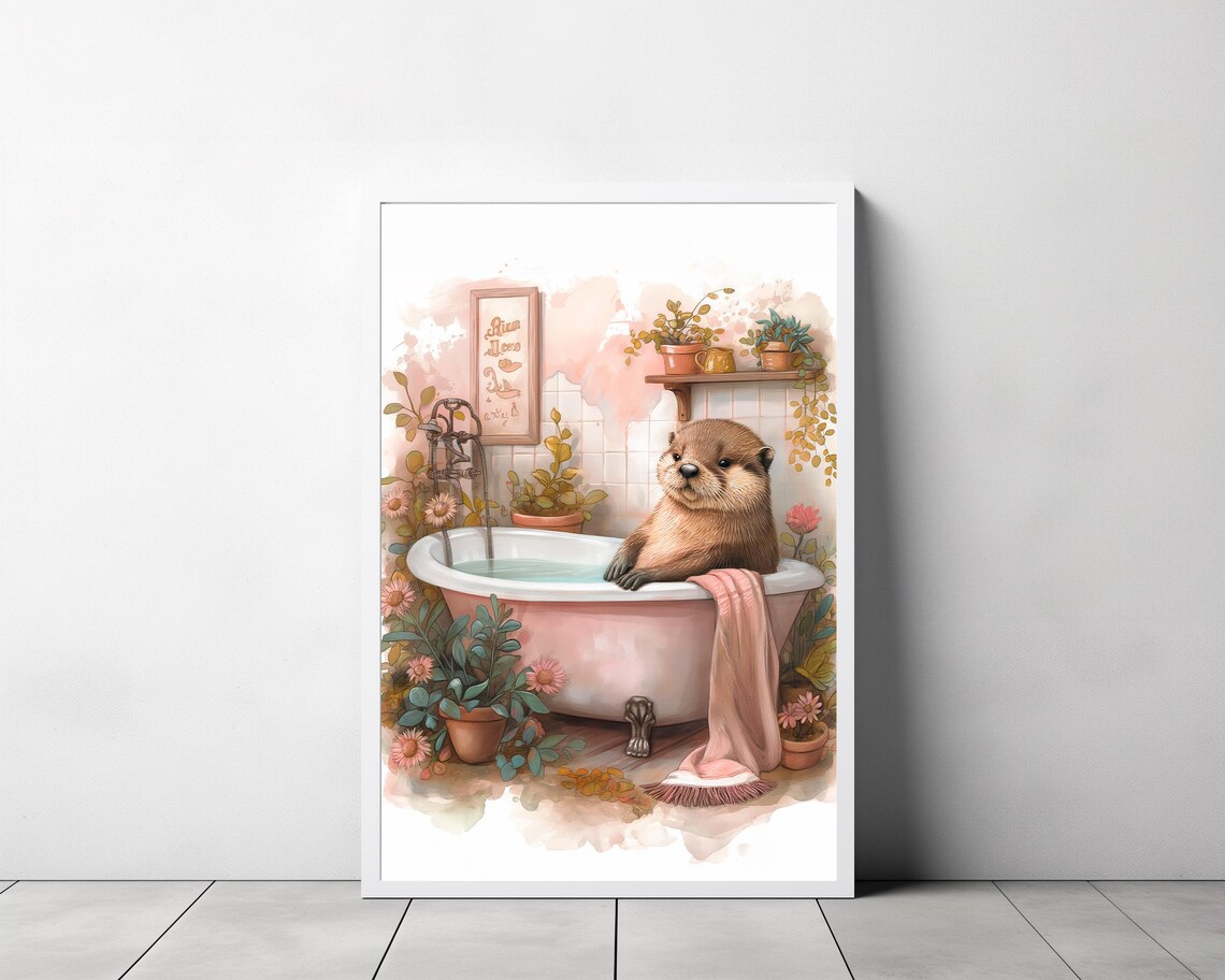 Sea Otter Bath Time in a Pink Tub Watercolor Floral Bathroom Poster - Image 3
