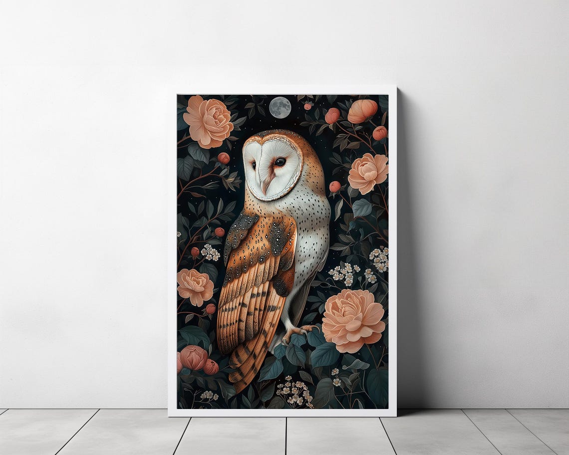 Barn Owl With Roses in a Dark Botanical Night Garden Art Poster - Image 3