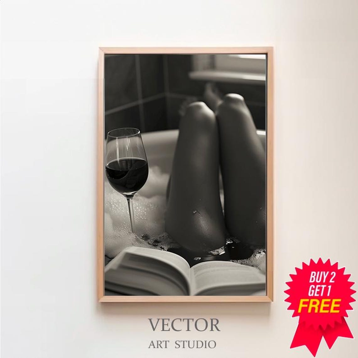 Woman Relaxing in Bubble Bath with Wine Glass and Book Photo Poster