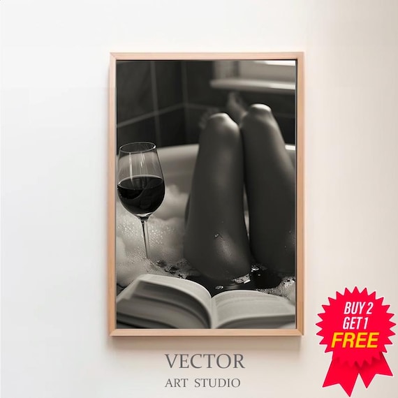 Woman Relaxing in Bubble Bath with Wine Glass and Book Photo Poster