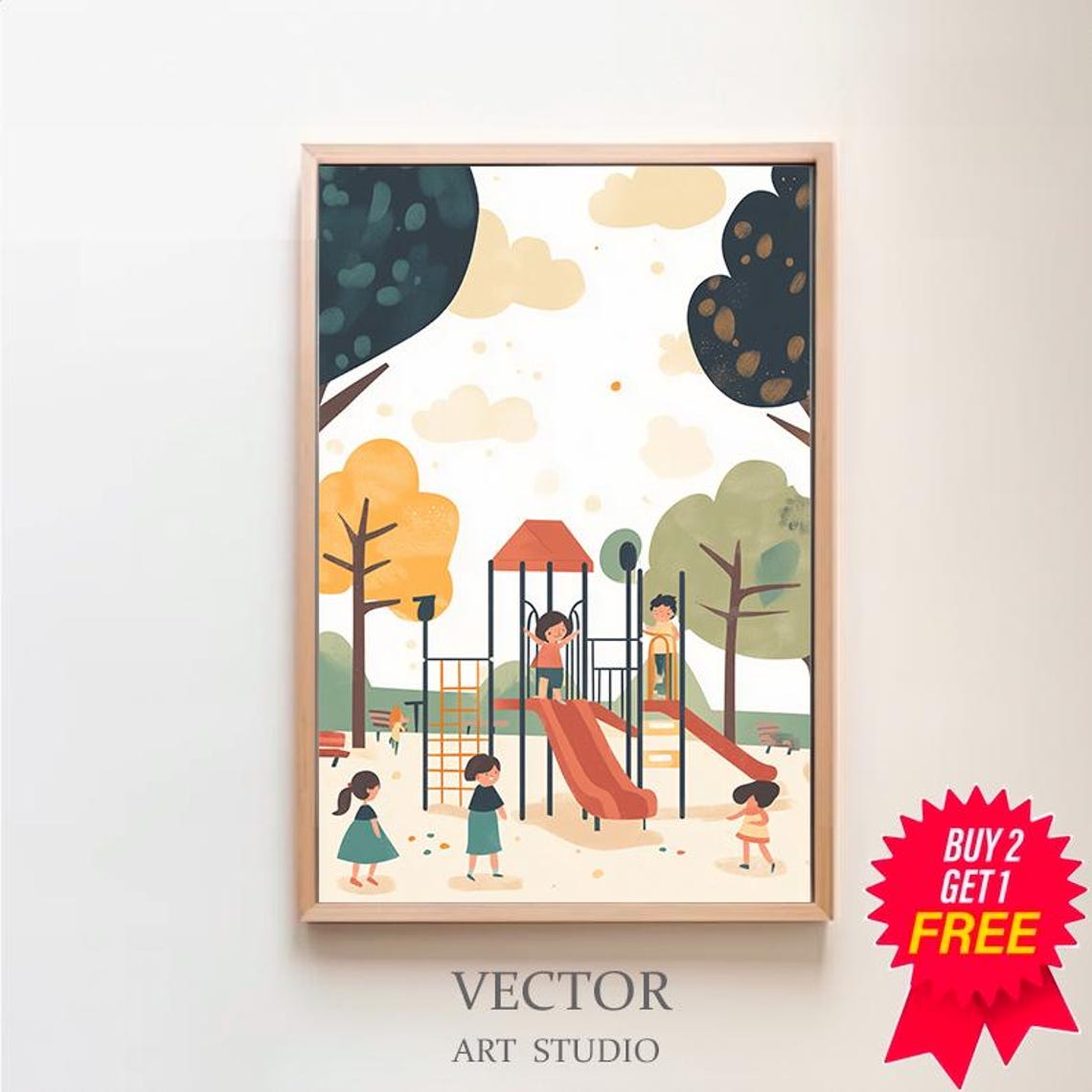 Children Playing on a Red Slide Playground Autumn Scene Poster