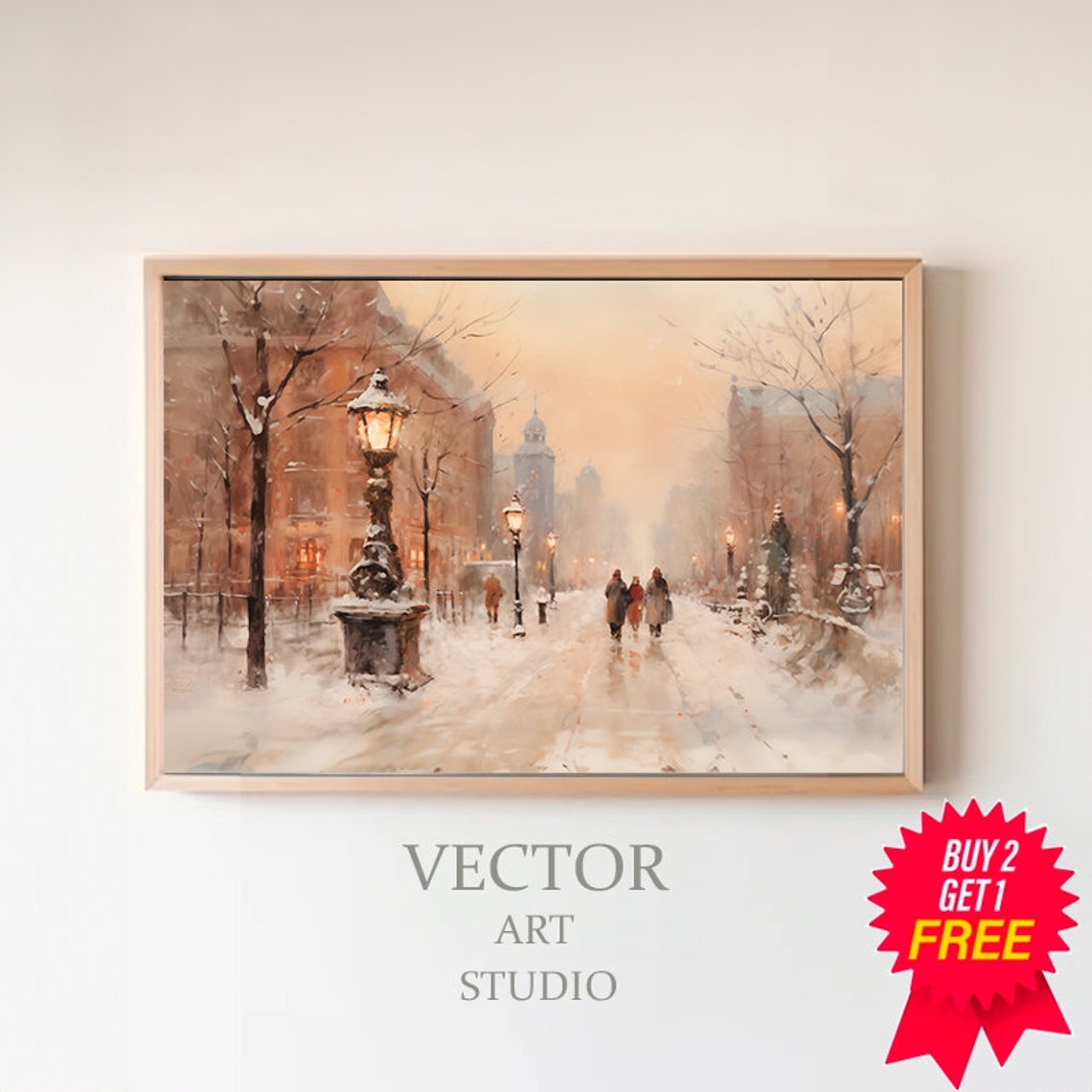 Snowy Winter City Street With Glowing Gas Lamps at Sunset Poster