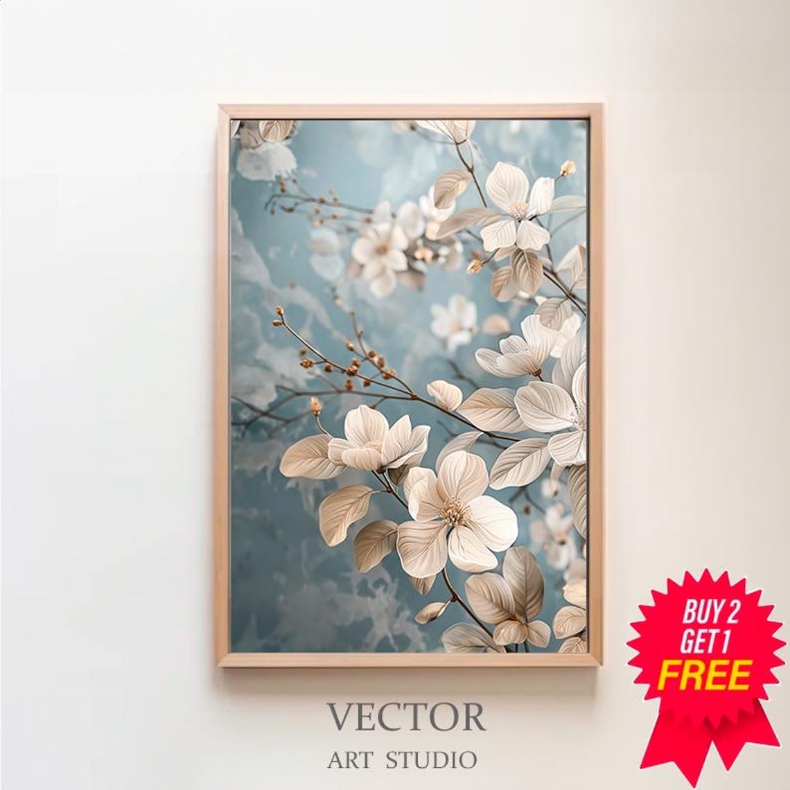 White Blossom Branches with Cream Leaves on Dusty Blue Poster