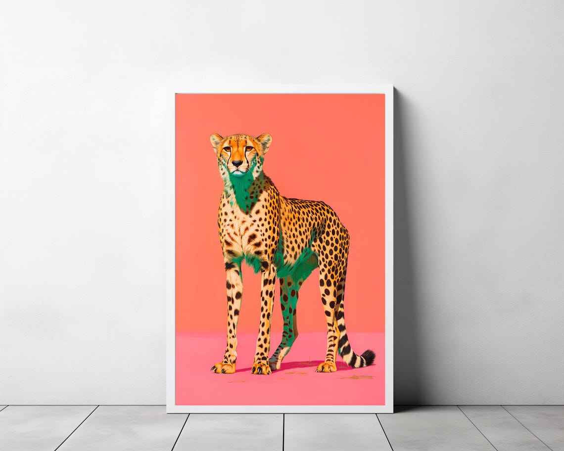 Pop Art Cheetah Standing Tall On Coral Pink Background Poster - Image 3