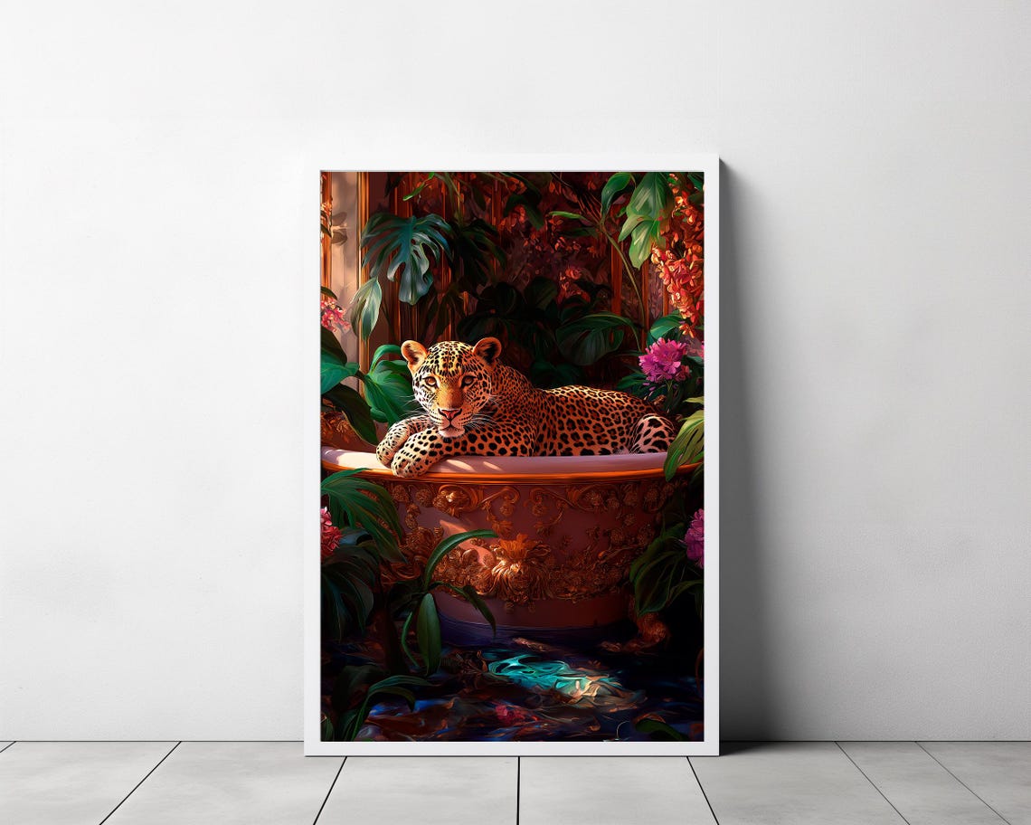 Leopard Resting in an Ornate Bathtub in a Lush Tropical Jungle Poster - Image 3