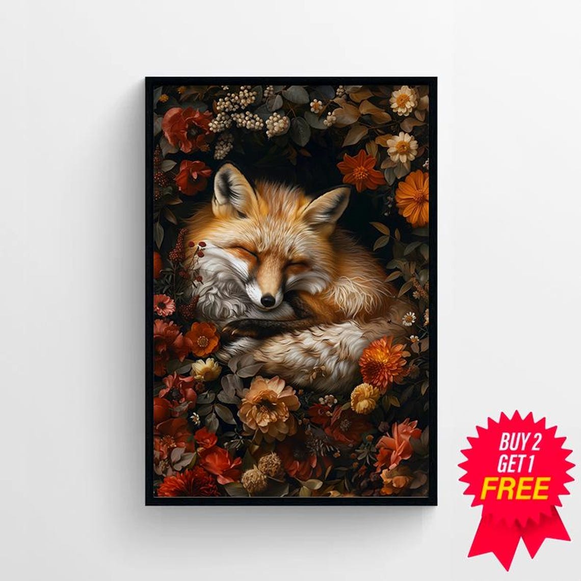 Sleeping Red Fox Curled Up Peacefully Among Autumn Flowers Poster - Image 4