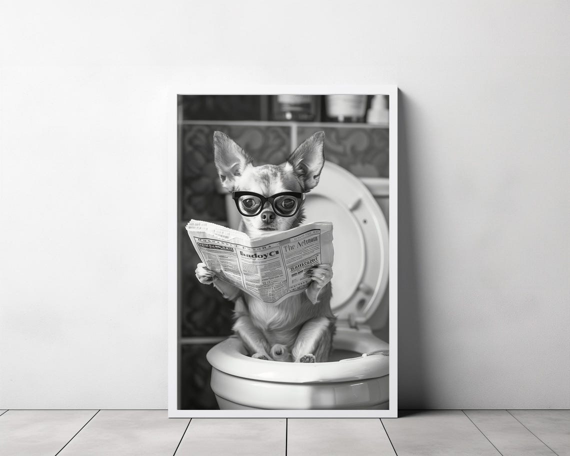 Funny Chihuahua With Glasses Reading Newspaper On Toilet Poster - Image 3