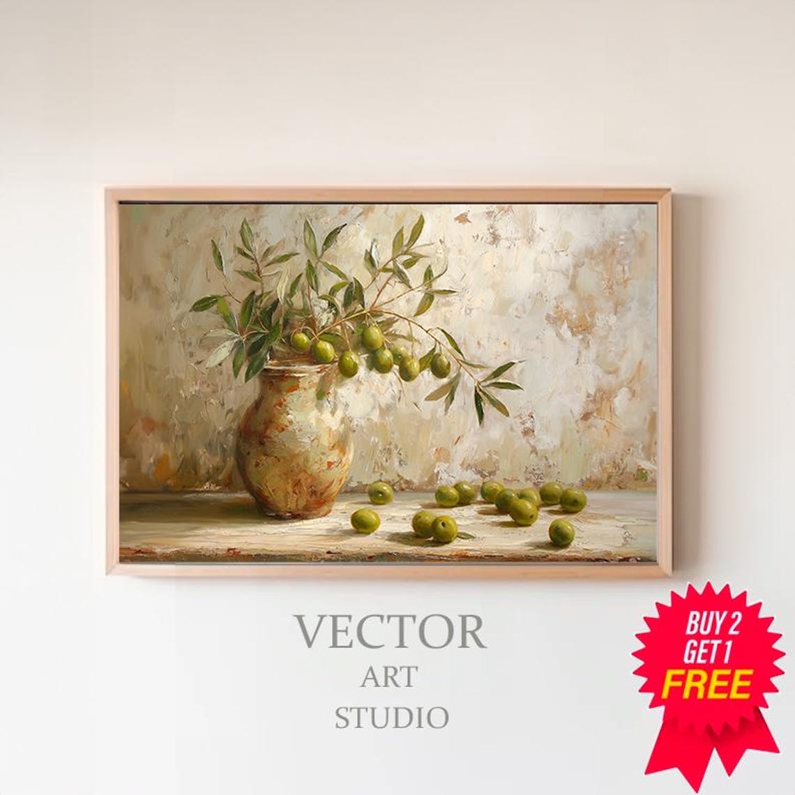 Olive Branches in Rustic Stone Jug on Beige Wall Still Life Poster
