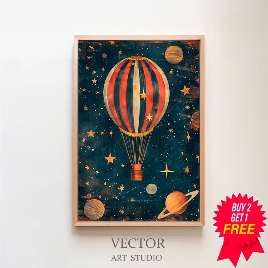 Red Striped Hot Air Balloon Moonlit Sky Vintage Nursery Poster