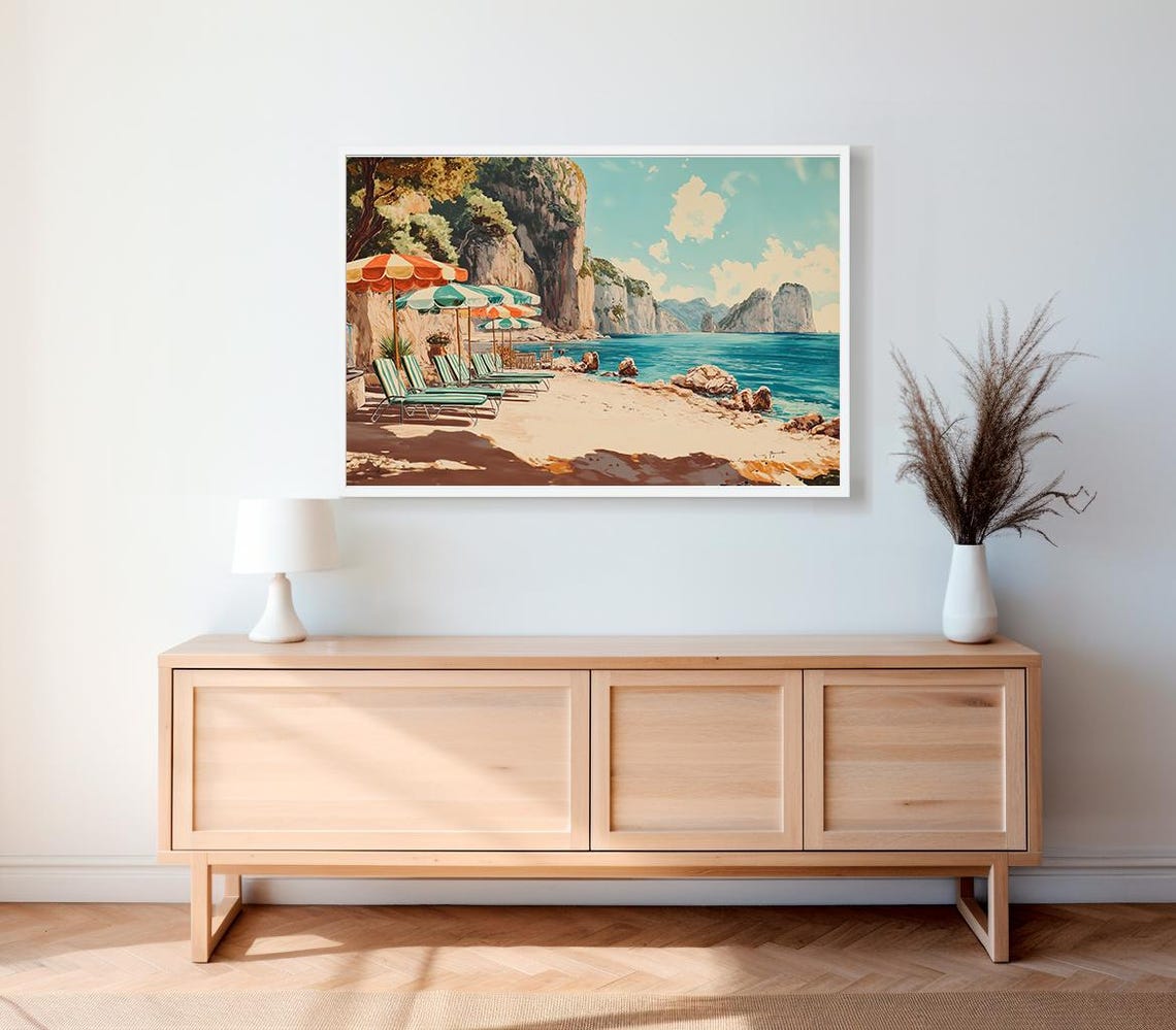 Sunny Capri Beach With Striped Umbrellas And Sea Stacks Poster - Image 2
