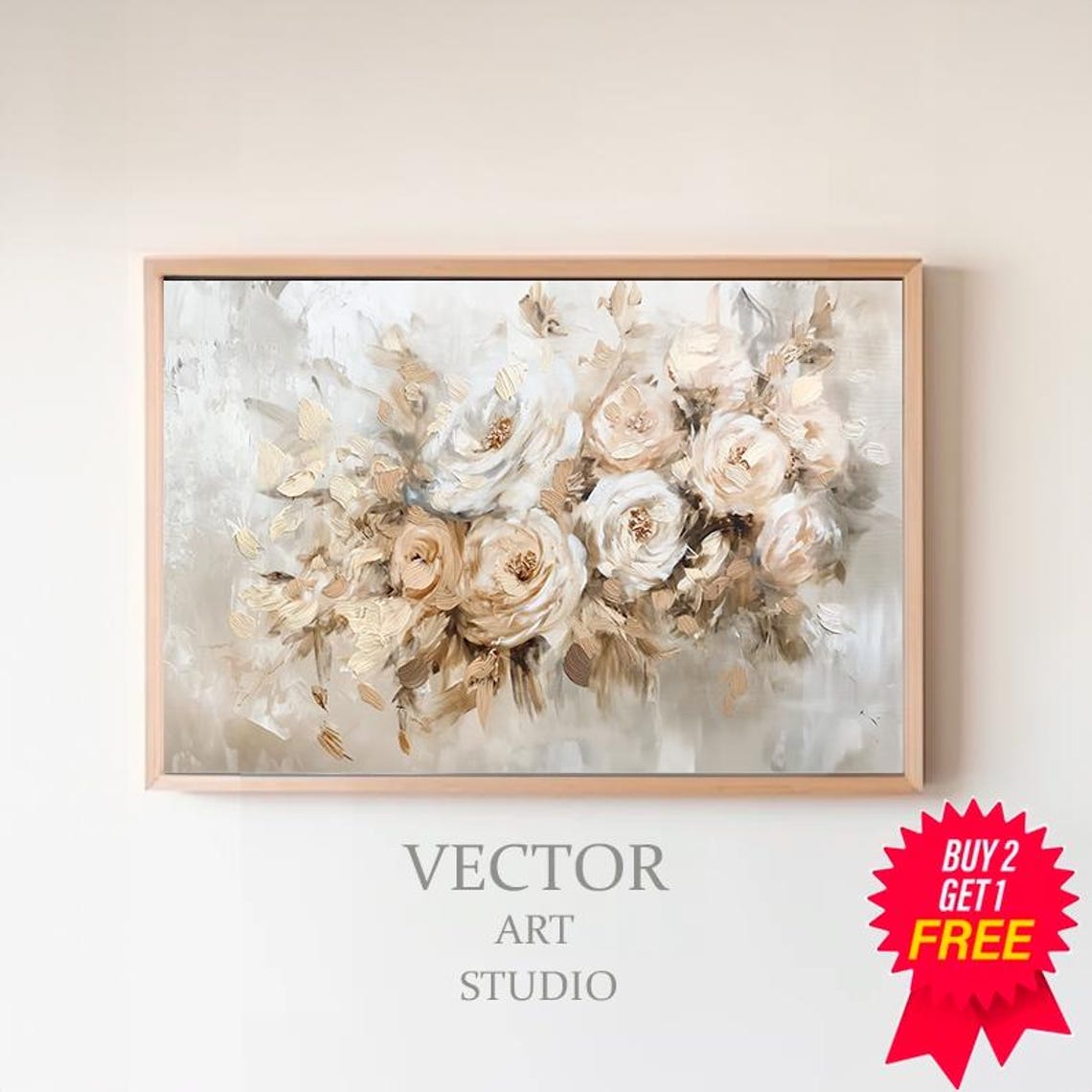 Neutral White Roses Bouquet Textured Floral Oil Painting Wall Art