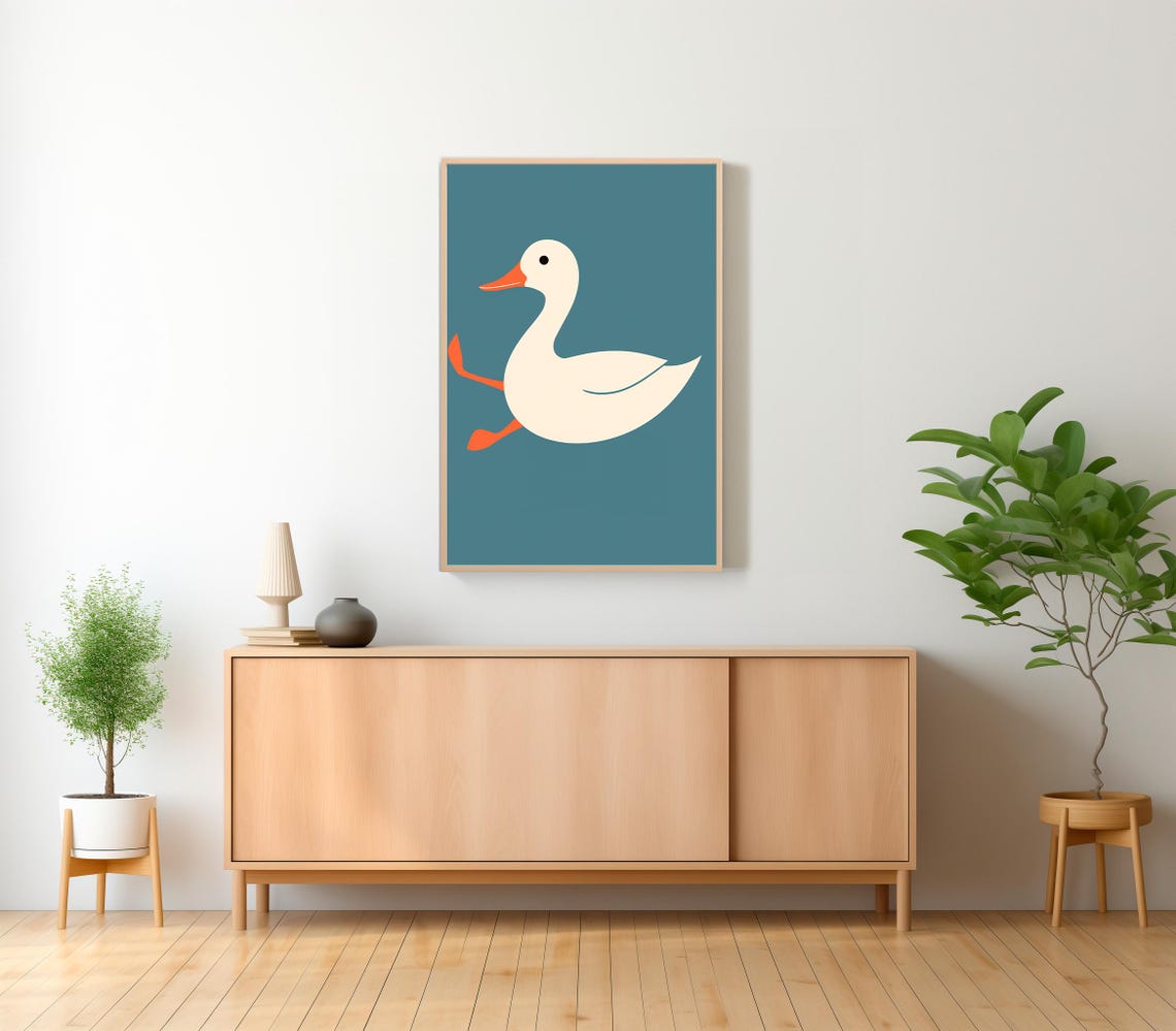 Minimalist White Duck Running on Teal Modern Style Nursery Poster - Image 2