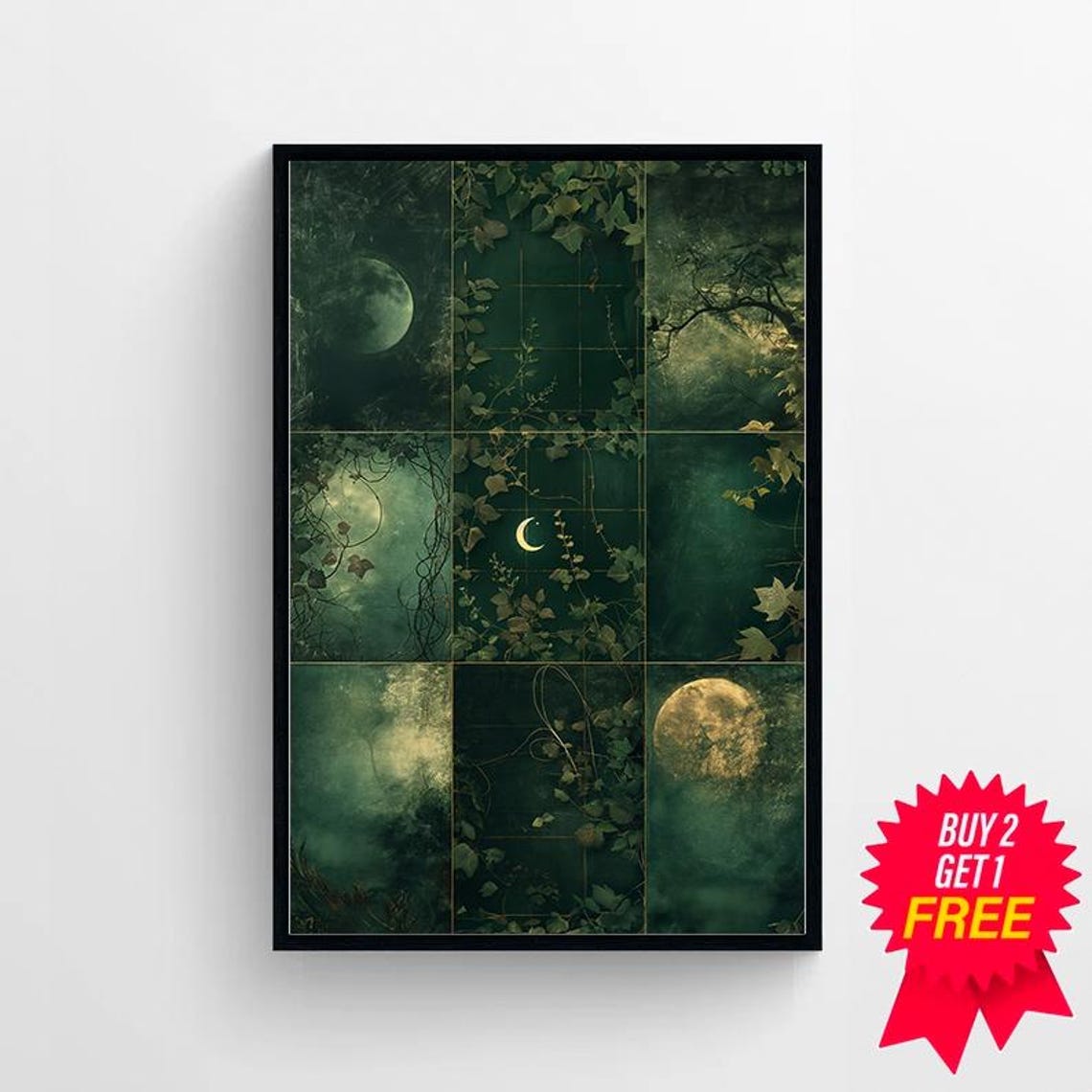 Moody Moon Phases Nine Panel Dark Green Botanical Night Poster - Image 4