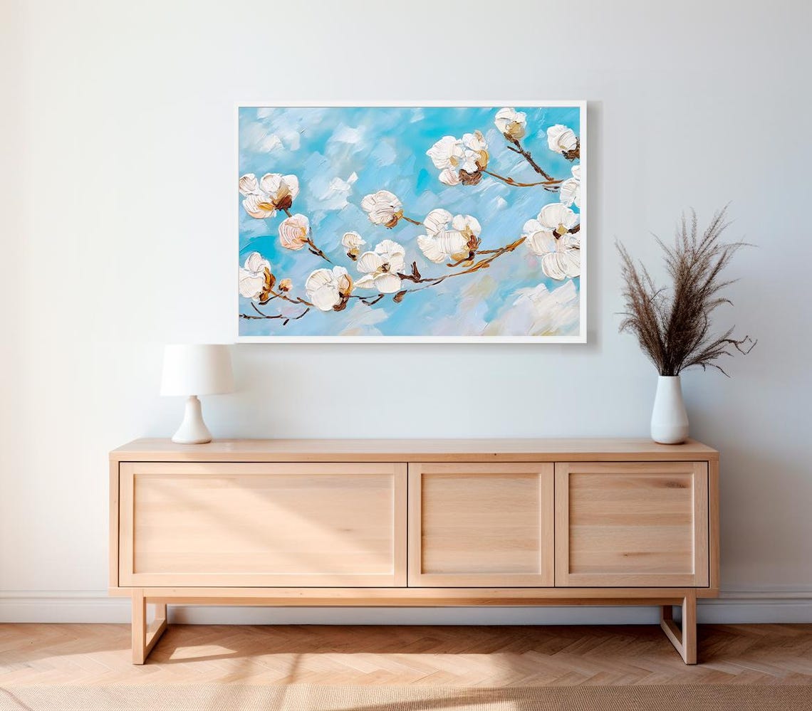 White Blossoms Against Bright Blue Sky Oil Painting Wall Art - Image 2