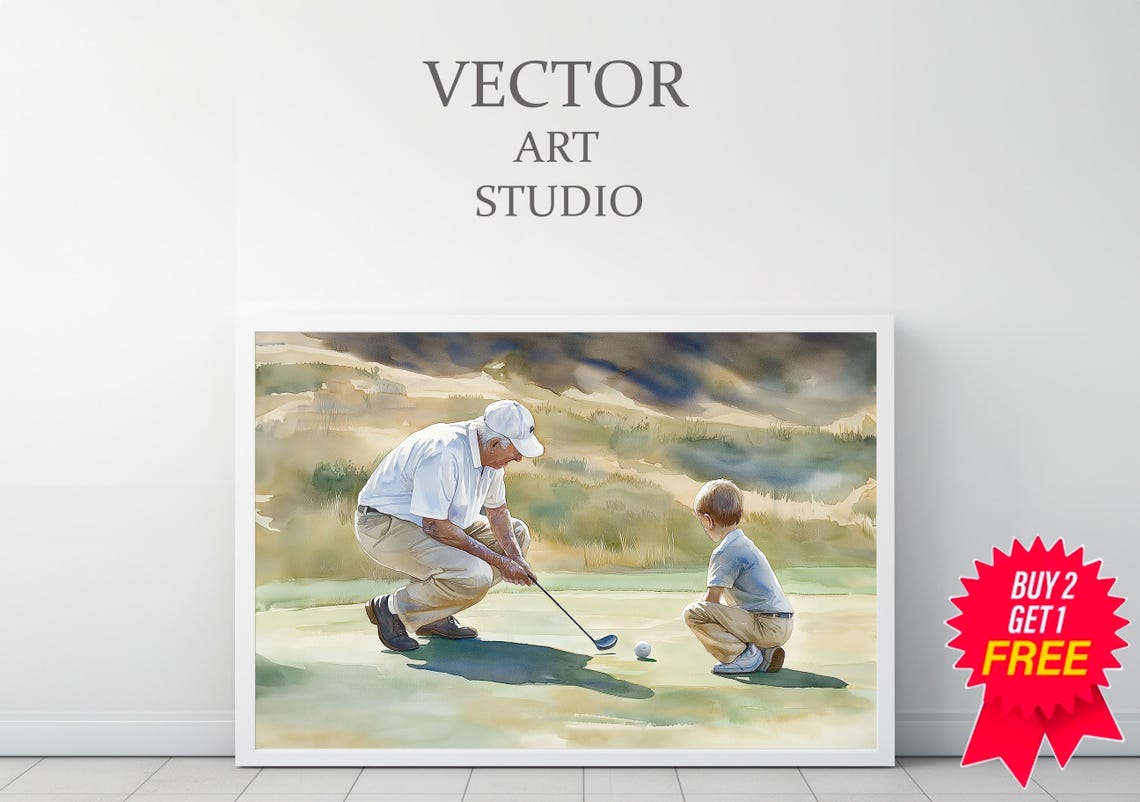 Grandfather and Grandson Putting on a Sunny Green Golf Course Poster - Image 3