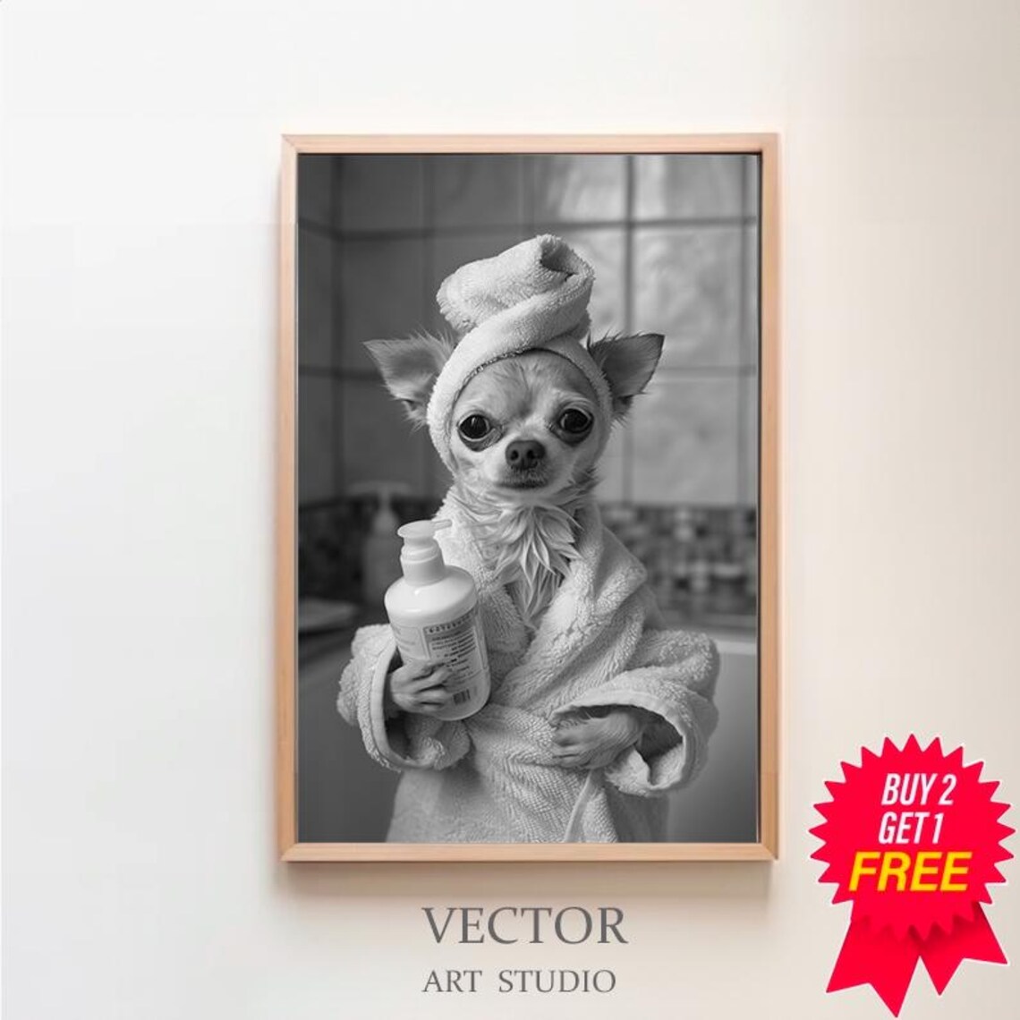 Chihuahua Spa Day in Bathrobe and Towel Turban Funny Bathroom Poster
