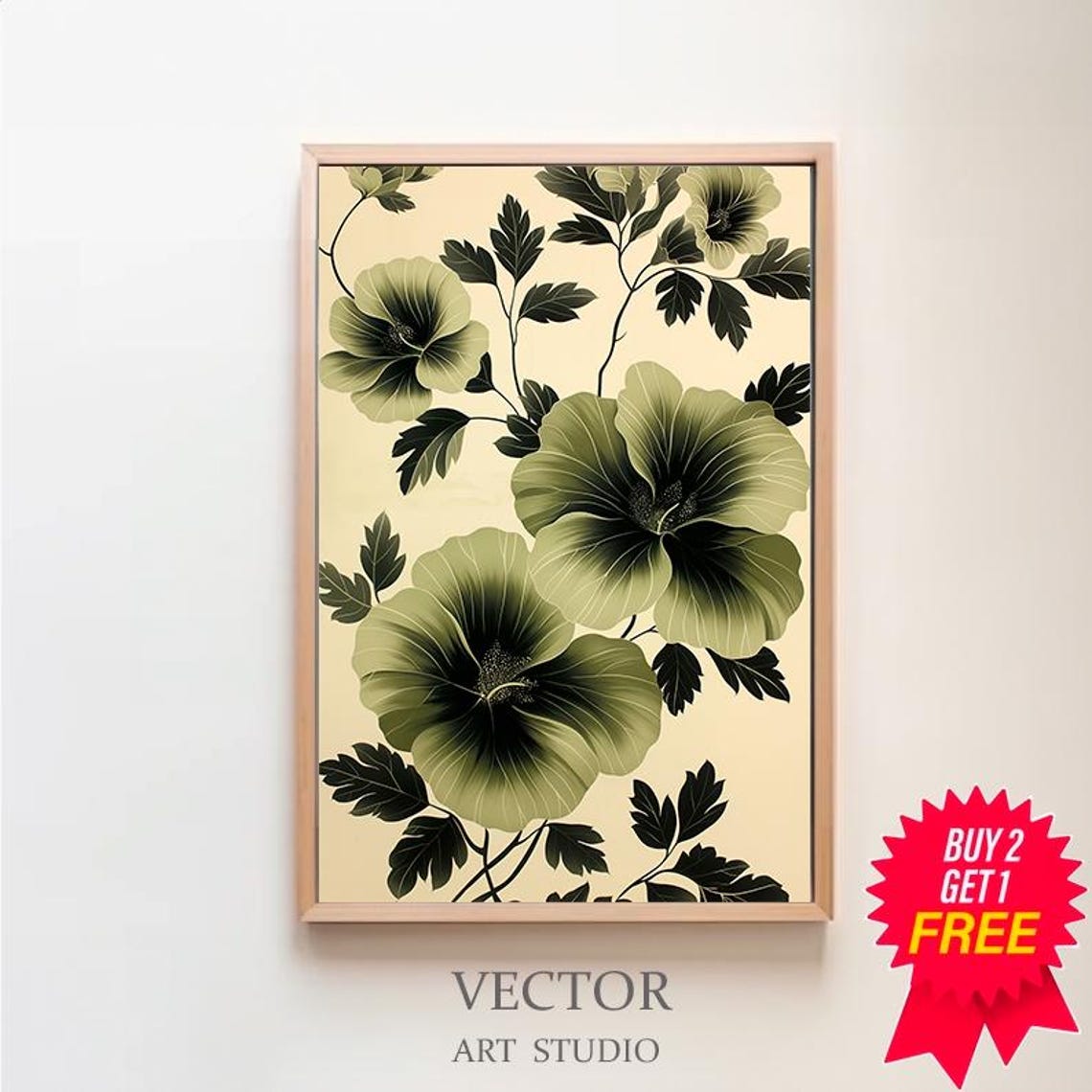 Olive Hibiscus Folk Flowers on Cream Vintage Botanical Poster