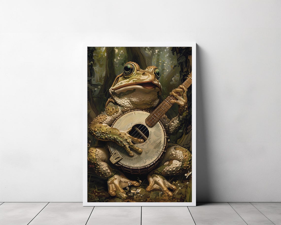 Smiling Frog Playing Banjo Vintage Forest Animal Portrait Poster - Image 3