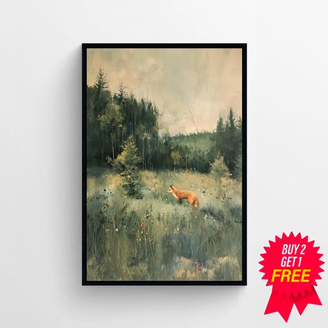 Red Fox Standing In A Misty Woodland Meadow Vintage Oil Painting Poster - Image 4