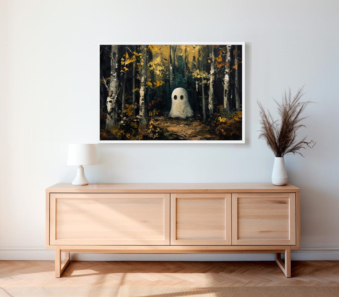 Small Ghost In Golden Autumn Birch Forest Thick Impasto Style Poster - Image 2