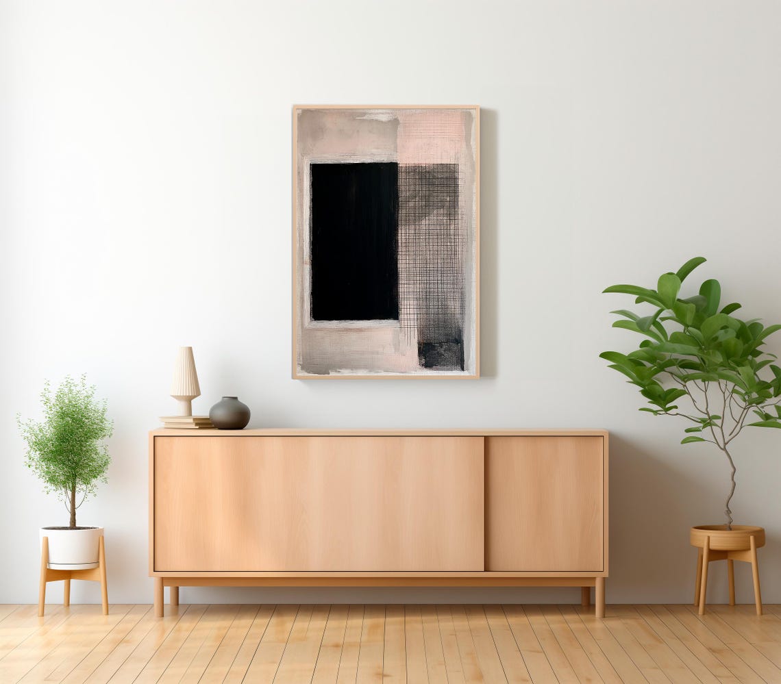 Wabi Sabi Black Rectangle On Neutral Plaster Grid Abstract Poster - Image 2