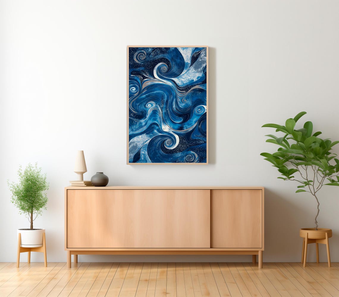 Indigo Blue Marble Swirl Starry Night Spiral Abstract Art Poster - Image 2