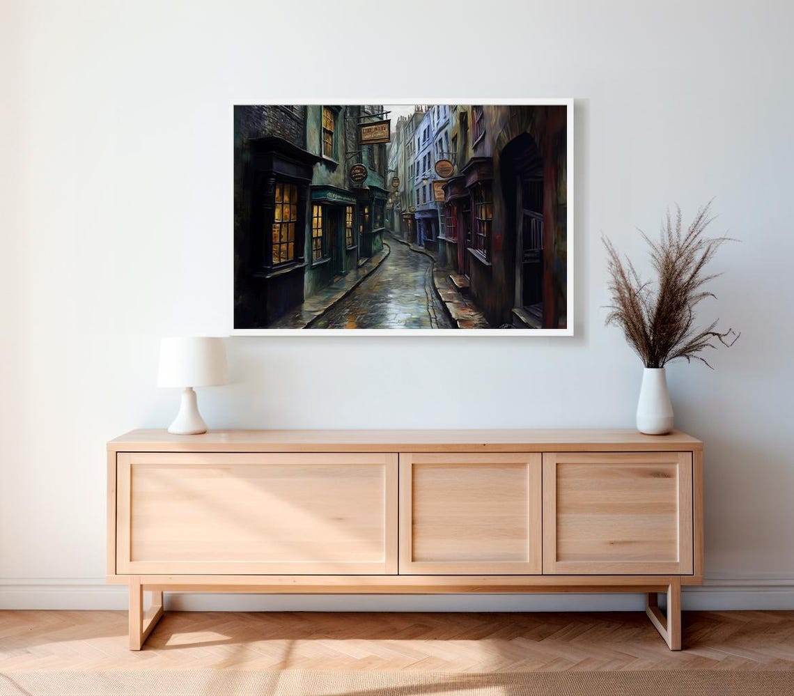 Moody Rainy Wizard Alley Dark Wet Cobblestone Street Art Poster - Image 2