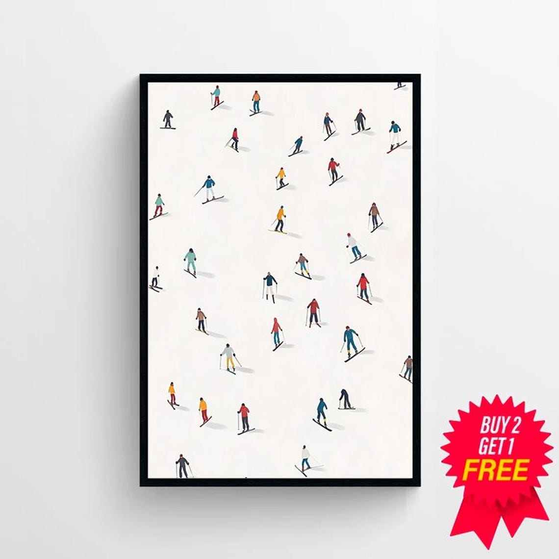 Minimalist Aerial View of Colorful Skiers on White Snow Poster - Image 4