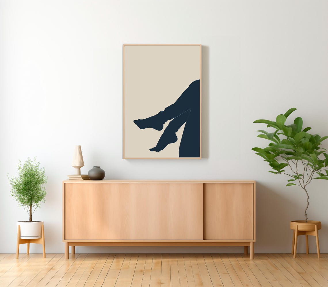 Crossed Blue Legs Minimalist Nude Figure Study on Beige Poster - Image 2