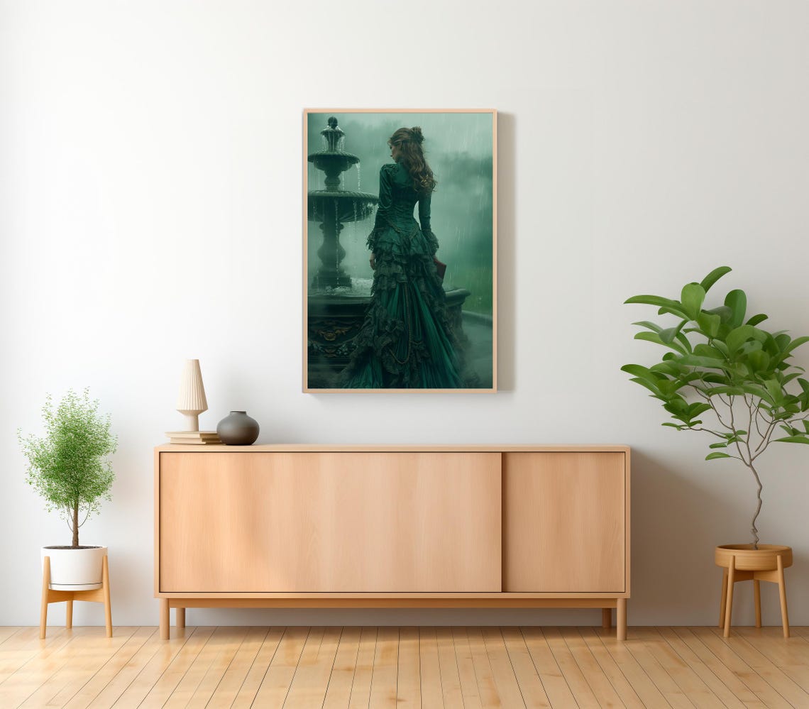 Victorian Lady In Emerald Gown Standing By Fountain Rain Poster - Image 2