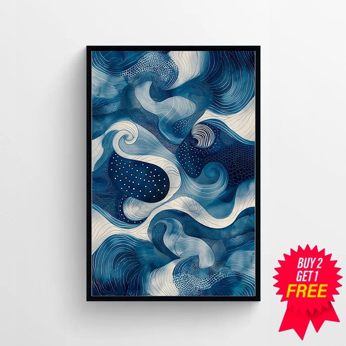 Dark Blue Denim Style Swirling Ocean Waves Abstract Art Poster - Image 4