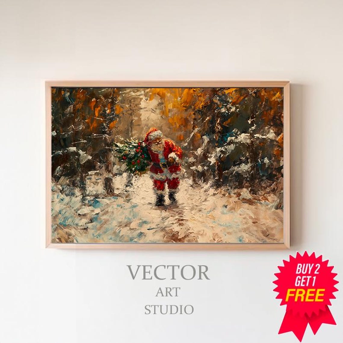 Santa Claus Carrying Christmas Tree Through Snowy Forest Oil Poster
