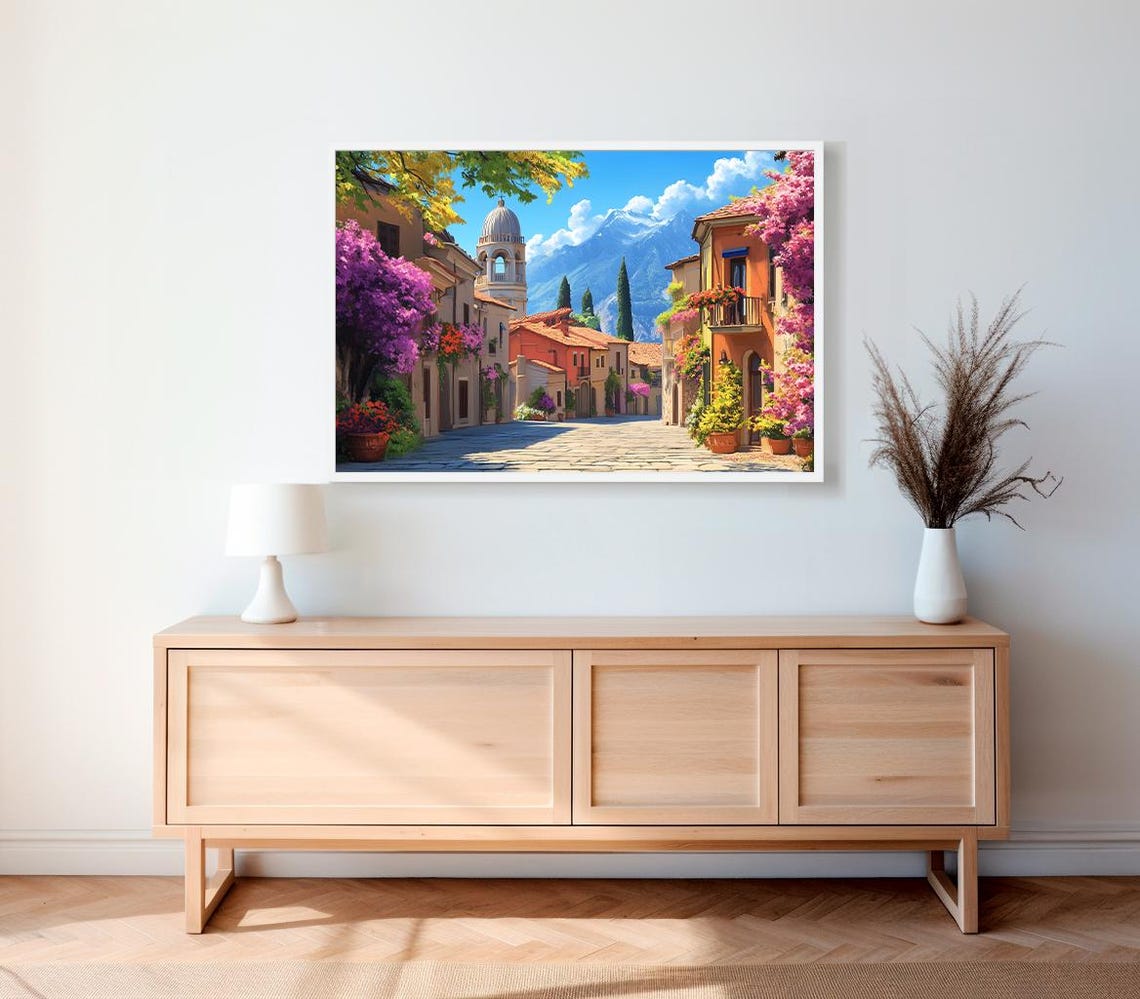 Mexican Village Street Church Dome Bougainvillea Mountain Art Poster - Image 2