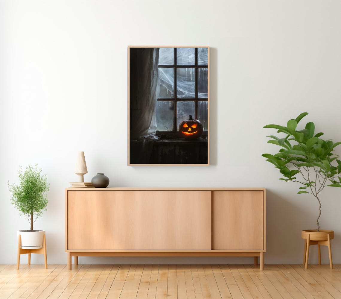 Jack O Lantern Glow on Cobweb Window Dark Moody Halloween Poster - Image 2