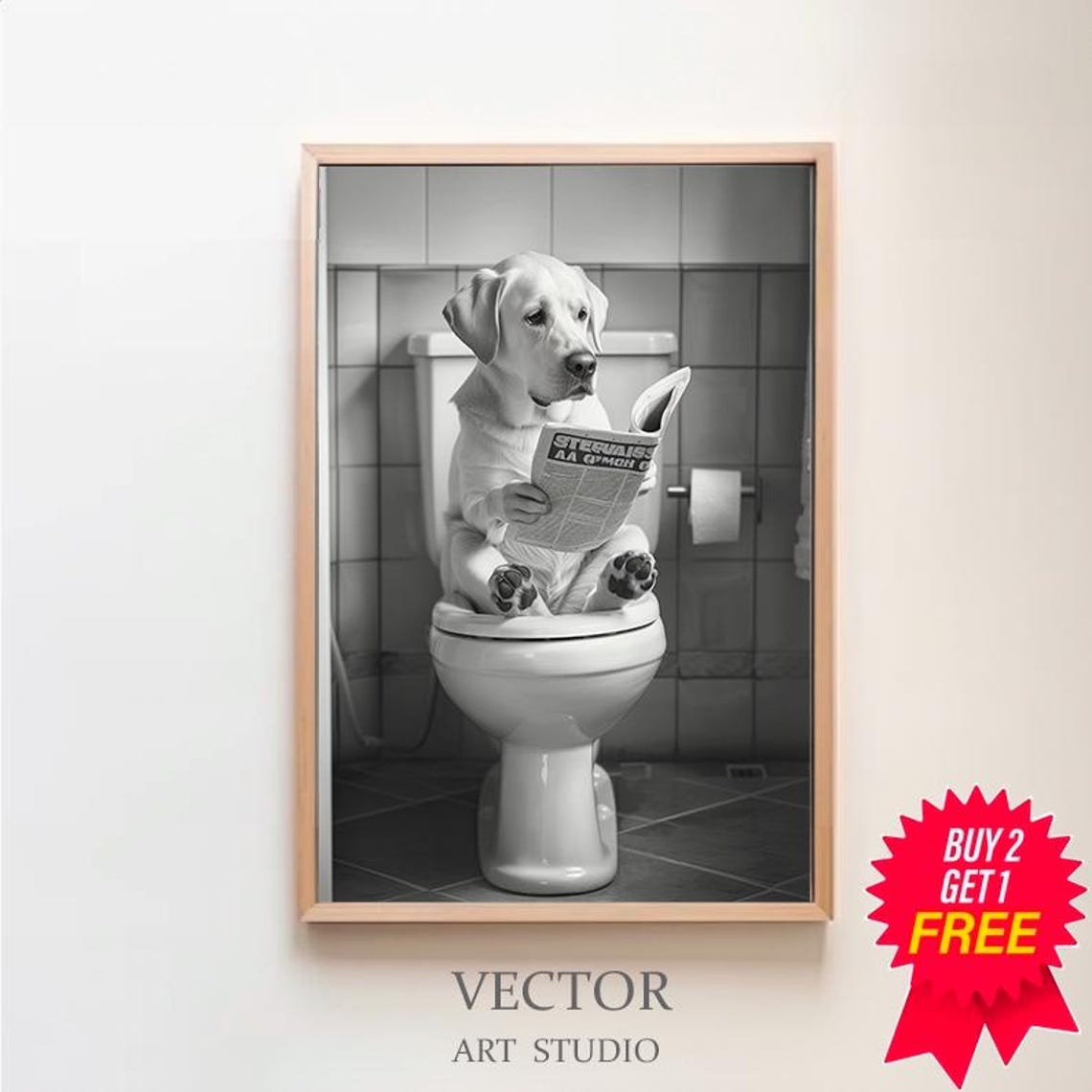 Labrador Retriever Reading Newspaper Toilet Funny Dog Art Poster
