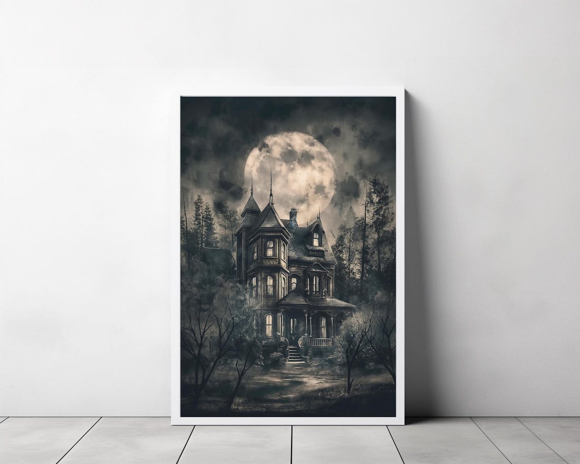 Victorian Haunted House Under Moonlight Vintage Halloween Poster - Image 3