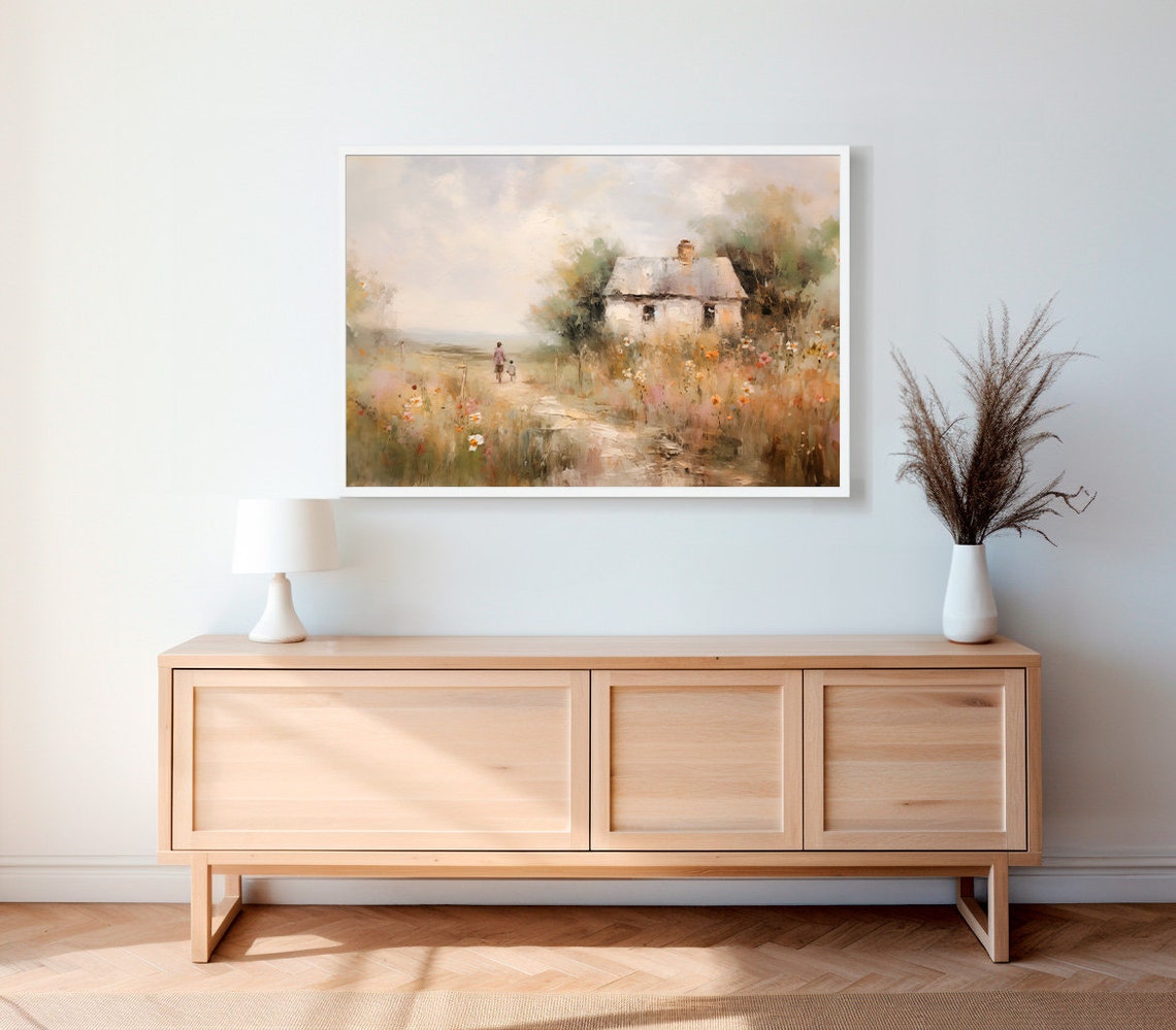 Country Cottage Path with Woman and Child in Wildflower Field Poster - Image 2