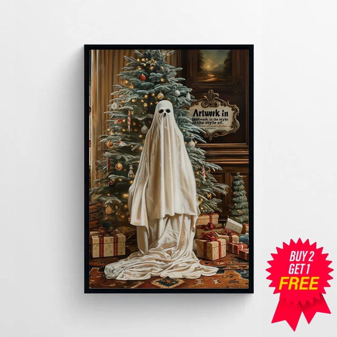 Cute Sheet Ghost Beside Decorated Christmas Tree Holiday Poster - Image 4