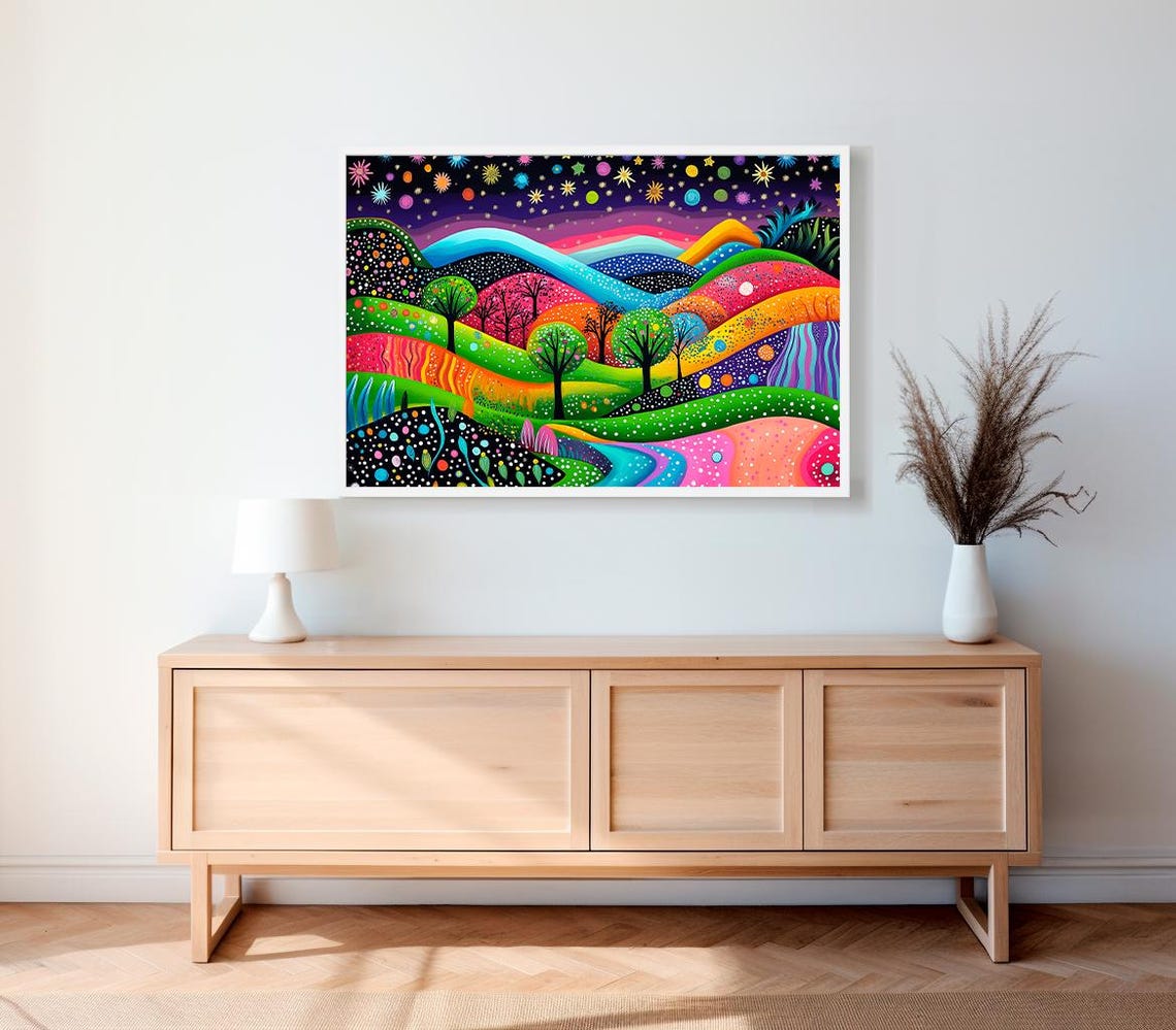 Colorful Night Hills Under a Starry Sky Abstract Fantasy Art Poster - Image 2