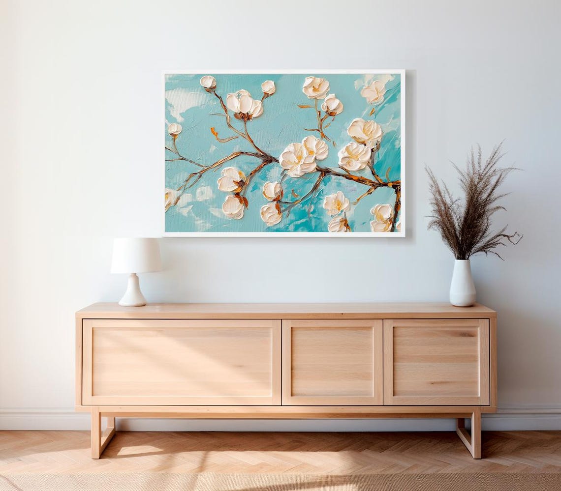 White Blossom Buds In Thick Texture Teal Floral Painting Wall Art - Image 2