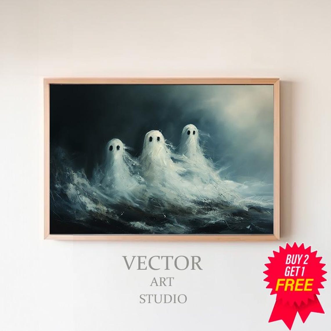 Three Cute White Ghosts in Dark Mist Halloween Painting Poster